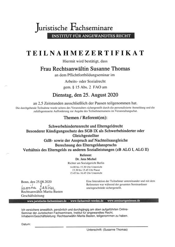 Zertifikat Urkunde Rechtsanwältin Susanne Thomas