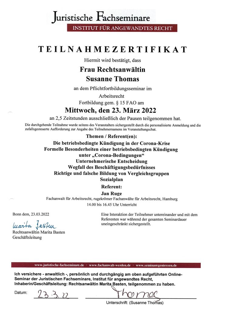 Zertifikat Rechtsanwältin Susanne Thomas