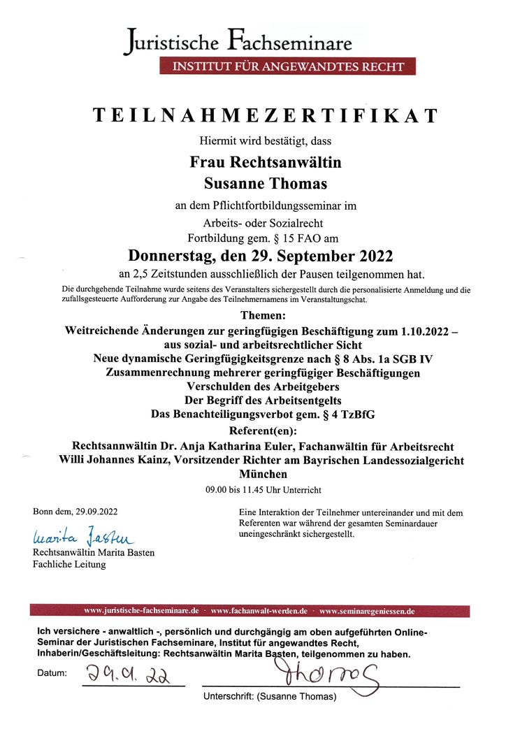Zertifikat Rechtsanwältin Susanne Thomas