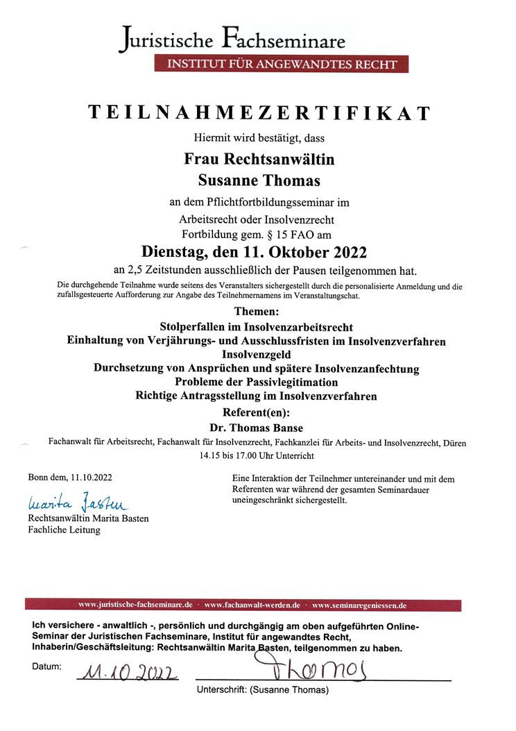 Zertifikat Rechtsanwältin Susanne Thomas